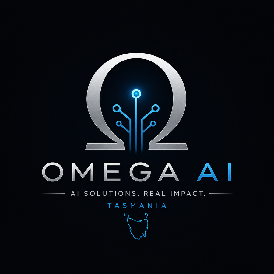 Omega AI logo: a brushed silver Greek omega with a glowing cyan circuit tree inside, above the words Omega AI, the tagline AI solutions. Real impact., and an outline of Tasmania.